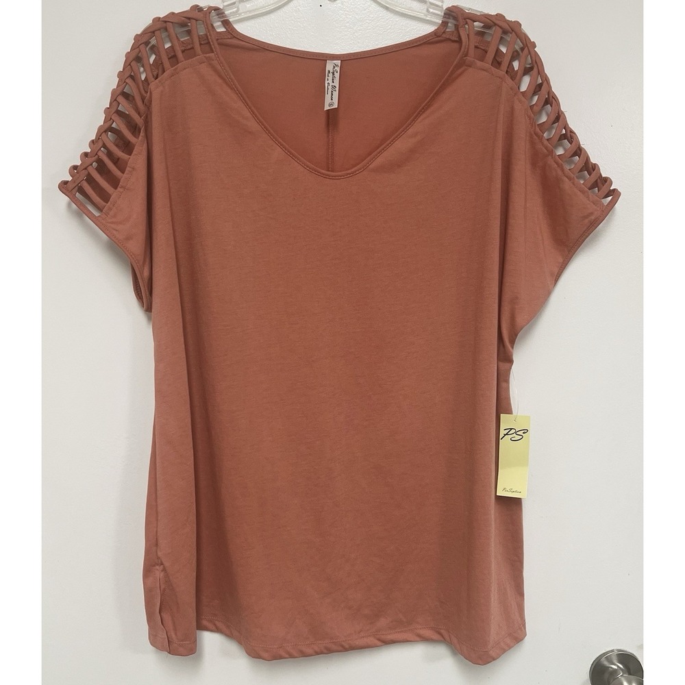 PerSeption Women Plus Size 2X Top   Short Sleeve Shirt Stretch Orange Pink Color